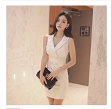 2016夏季新品韩版时尚女装修身无袖气质职业装西装领ol包臀连衣裙