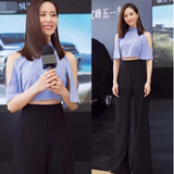 刘诗诗明星同款套装女2016夏季新款两件套蓝色漏肩上衣黑色阔腿裤