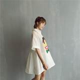 夏季新款韩版女可爱卡通头像印花Polo领大码宽松短袖连衣裙+K711