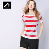 ZK撞色条纹短袖T恤修身显瘦打底衫百搭针织体恤上衣2016夏装新款
