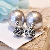韩国时尚名媛银灰色珍珠蕾丝大小珍珠双面两用耳环女耳钉现货批发
