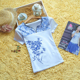 2015夏季新款民族风女装刺绣绣花女T恤青花瓷波西米亚T恤短袖上衣