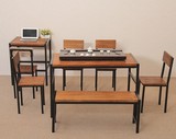 美式乡村长方形休闲餐桌椅仿古做旧铁艺实木餐桌办公桌餐桌椅组合