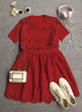 2015春季新品时尚小香风甜美性感针织拼接蕾丝衫上衣+短裙套装女