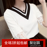 女装短袖夏季韩版白色蕾丝拼接宽松t恤学生镂空上衣18-24周岁韩国