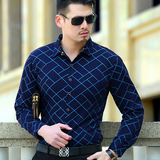 2016春季中年男士长袖衬衫薄款纯色格子大码商务棉衬衣爸爸加绒衫