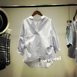 2016韩国夏新品后排扣V领蝙蝠宽松套头棉衬衫泡泡袖休闲衬衣女