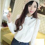 2016春秋装韩版修身白色长袖刺绣花领棉质打底衬衫长袖衬衣女