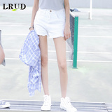 LRUD2016夏季新款韩版高腰毛边白色牛仔短裤女宽松百搭阔腿热裤