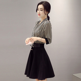 时尚女装两件套装欧韩版春夏装新款条纹衬衫中长款气质连衣裙子