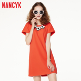 Nancyk2016春装新品显瘦微弹中长款淑女时尚百搭短袖圆领连衣裙