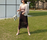 535韩国代购正品女装复古印花黑色雪纺侧开叉半身裙长裙进口时尚
