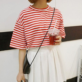 韩国东大门原宿学院风棉质红白条纹宽松短袖T恤女上衣打底衫