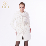 百丝BAISI2015正品冬季优雅白色钉珠圆领羊毛呢大衣外套AKE412006