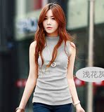 2016春夏新款女装韩版中长款半高领无袖T恤纯棉打底衫背心