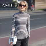 Amii2016秋冬新款修身百搭条纹高领针织打底衫棉大码女套头毛衣
