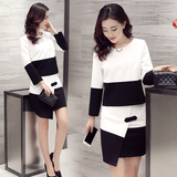 2016秋韩版新款圆领长袖上衣搭配高腰短款包臀半身裙两件套套装女