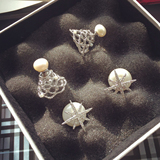 韩国定制APM925纯银镂空镶钻天然淡水珍珠八角星珍珠前后耳钉耳环