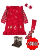 外贸金家女童红色新年圣诞刺绣雪花毛衣裙女宝纯棉长袖厚款连衣裙