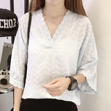 歌慕妮2016夏季新款女装韩版宽松V领纯色镂空显瘦七分袖T恤上衣潮