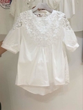 白色短袖立领衬衫女韩国代购夏季新款韩范气质蕾丝勾花镂空娃娃衫