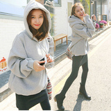 韩国代购2015秋冬季新款连帽加厚加绒套头卫衣女中长款纯色外套潮