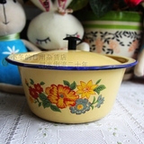 怀旧搪瓷洗手碗老式搪瓷汤盆黄色汤锅带盖平底碗14-26cm7种尺寸