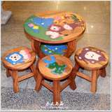 泰国餐桌 实木彩绘卡通圆桌子凳子 东南亚风格家具儿童桌椅