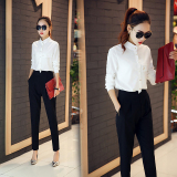 2016韩国春款时尚套装女气质潮白色雪纺衫搭配九分黑色长裤两件套