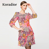 Koradior/珂莱蒂尔正品夏季韩版修身豹纹七分袖性感印花连衣裙潮