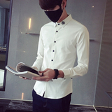 马卢达韩版男士修身长袖衬衫 英伦男刺绣修身衬衣青少年休闲衬衫