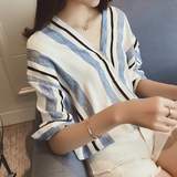 A哚啦2016夏装新款韩版宽松 条纹V领下摆系带上衣学生衬衫女5438