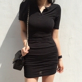 韩国代购女装2016夏气质性感紧修身褶皱包臀V领纯黑色短袖连衣裙
