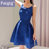 Palglg2016夏装新款女装修身性感露肩小吊带无袖蕾丝连衣裙蓬蓬裙