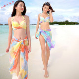韩国彩虹色泳装小胸聚拢性感钢托款比基尼三件套少女大披纱游泳衣