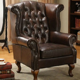 新品复古实木休闲椅欧式老虎椅真皮办公沙发美式客厅单人皮艺沙发