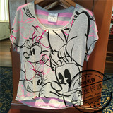 代购香港迪士尼乐园正品 成人女装米奇米妮素描夏装短袖卡通T恤