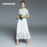 ZIMMUR2016夏装新款女装连衣裙圆领短袖OL气质修身显瘦蕾丝长裙