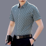 丝光棉男士短袖衬衫格子衬衣修身纯棉白上衣夏季上衣休闲商务中年