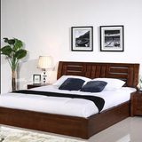 北欧风格实木榆木双人床卧室胡桃色婚床箱式1.5米1.8米大床可定制
