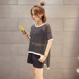 哈喽C韩版夏装条纹中长款宽松短袖薄款透视衫女T恤套头针织上衣潮