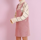 韩国新款复古学院风宽松粉色口袋灯芯绒背带裙女春直筒背心裙ulzz