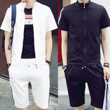 男夏季短袖卫衣休闲大码运动套装韩版青年立领纯色开衫半袖薄外套