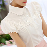夏季韩版小清新娃娃领蕾丝短袖衬衫女 学院风修身白色雪纺衫衬衣