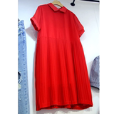韩国东大门2016夏装新款韩版女翻领红色娃娃衫短袖百褶雪纺连衣裙