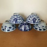 珍藏清中期青花灵芝缠枝纹茶碗五只 八品 保真包老古玩瓷器收藏