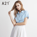 A21女装短袖衬衫 女士纯棉蓝色格子时尚百搭衬衣2016夏季新品潮