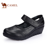 Camel骆驼女鞋 正品妈妈鞋春季新款打孔透气坡跟舒适皮鞋A1036093