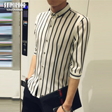 夏装青年潮男条纹七分袖衬衫韩版英伦中袖衬衣上衣时尚修身寸衫