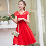 连衣裙女时尚大红色蕾丝中裙短袖修身修身